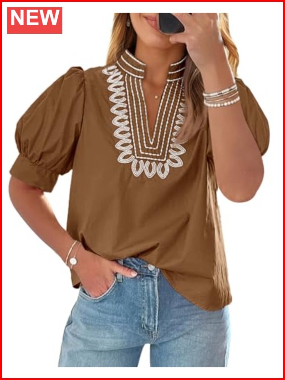Womens Puff Sleeve Embroidered V-Neck Blouse